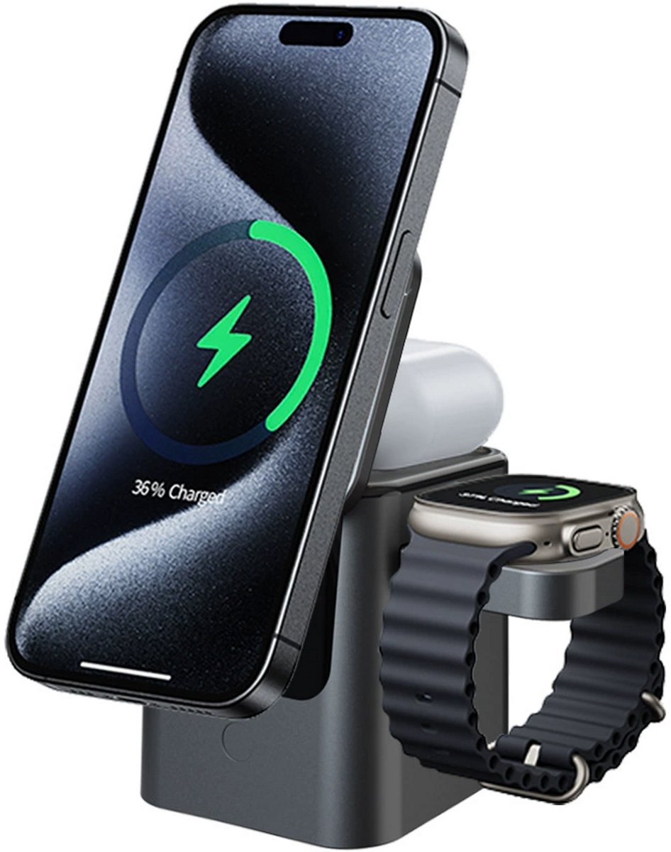 Draadloze Oplader – 15W 3-in-1 Draadloos Oplaadstation – Geschikt voor MagSafe – Geschikt voor Samsung Galaxy S26/S25/S24/S23 Series – Geschikt voor Galaxy Watch 8/7/6 – Geschikt voor Galaxy Buds – 25W Adapter & Magnetische Ring