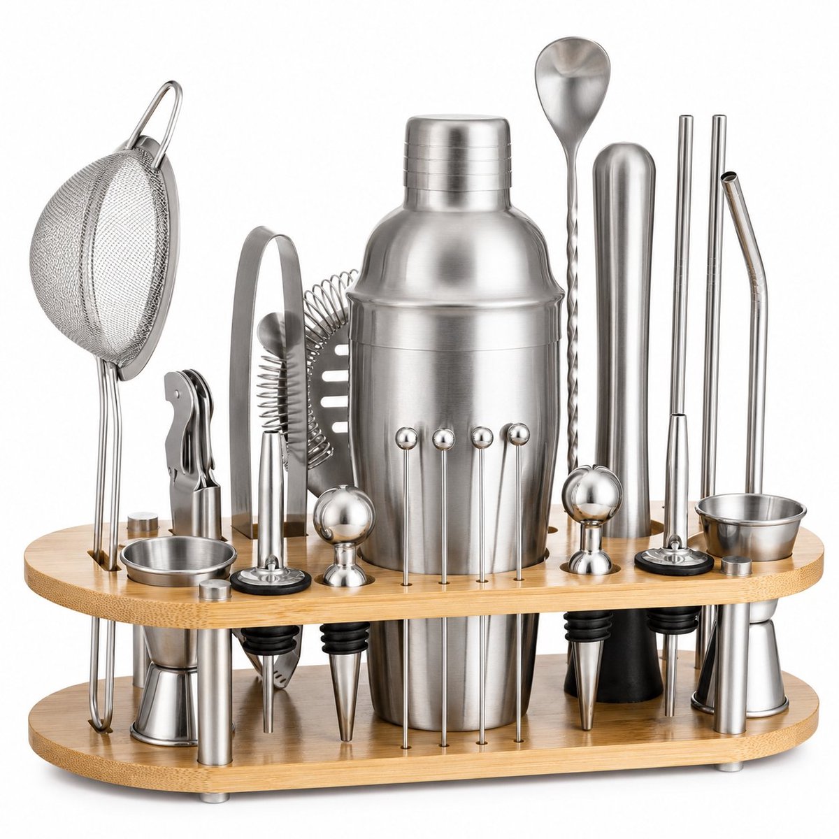 My Green Deal – RVS Luxe Cocktailset – Cocktail Set – Cocktailshaker Set – Barset – Premium 304 RVS – Met Houten Standaard