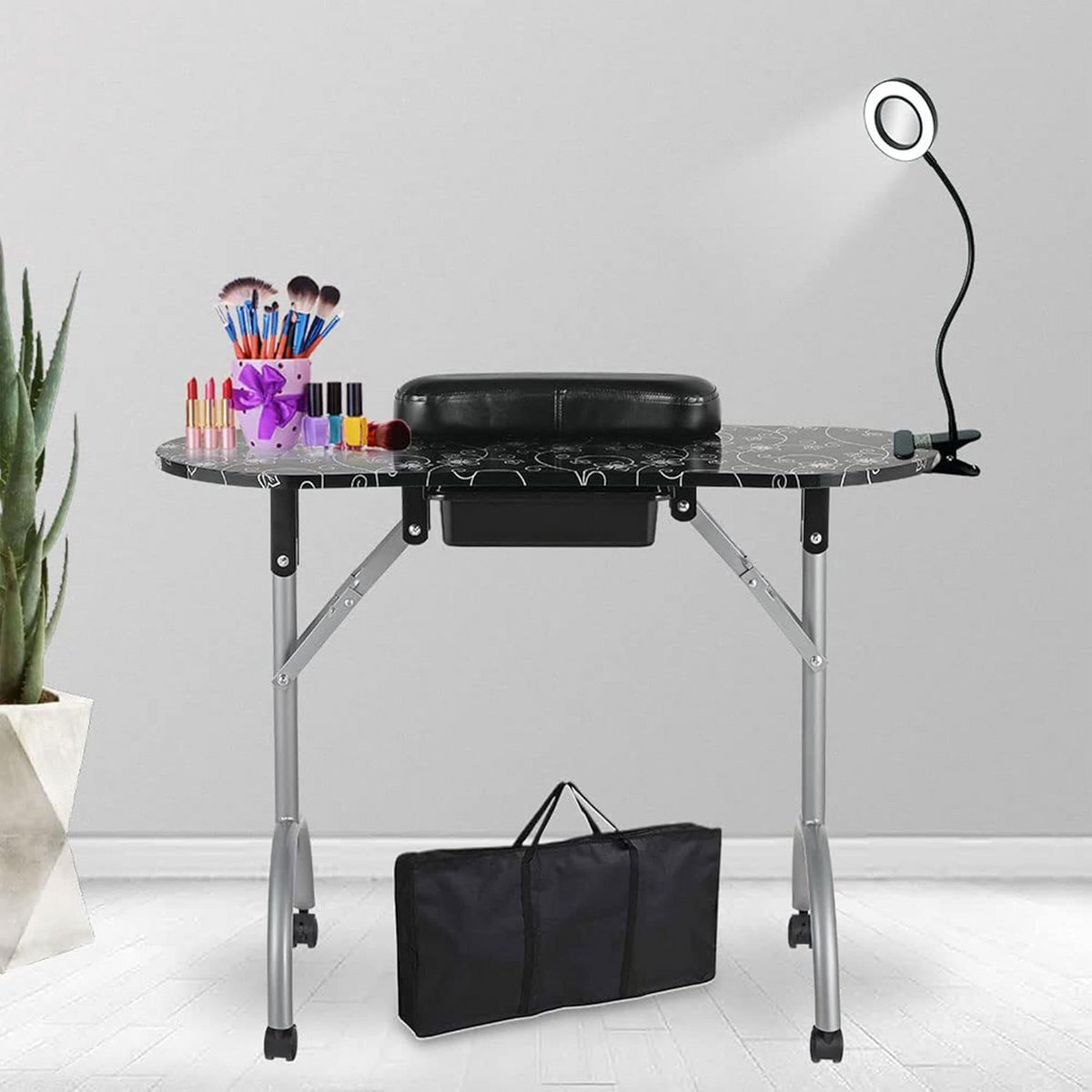 Manicure Tafel - Nagelstation Bureau - Nagels Behandelen - Inclusief Vergrootglas - 91 x 36 x 67 cm - Zwart