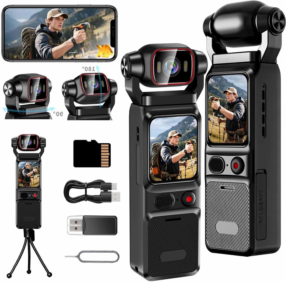 Vlogging Camera - Actiecamera Mini - Reizen Sport - 180° Draaibare Lens - 4K Resolutie - Zwart