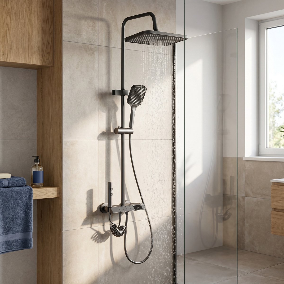 Regendoucheset met Handdouche - Doucheset met Thermostatisch douchesysteem met LED display - Glijstangset 800-1200 mm - 4 wateruitlaten - messing - antraciet