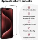 iPhone 15 Pro met een NOXX screenprotector erop, met iconen die 9H gehard glas, krasbestendigheid en afgeronde randen aangeven.
