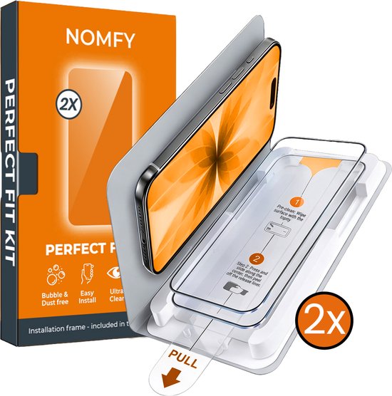 Emballage NOMFY "Perfect Fit Kit" avec iPhone, plateau d'installation et deux protecteurs d'écran. "2x" sur la boîte.