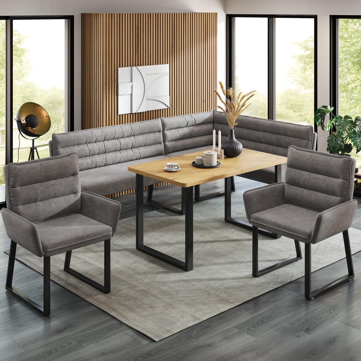 Eetkamerset - hoekbank set - tafel + bank + 2 stoelen - chenille stof - hoekopstelling - stof+hout - grijs