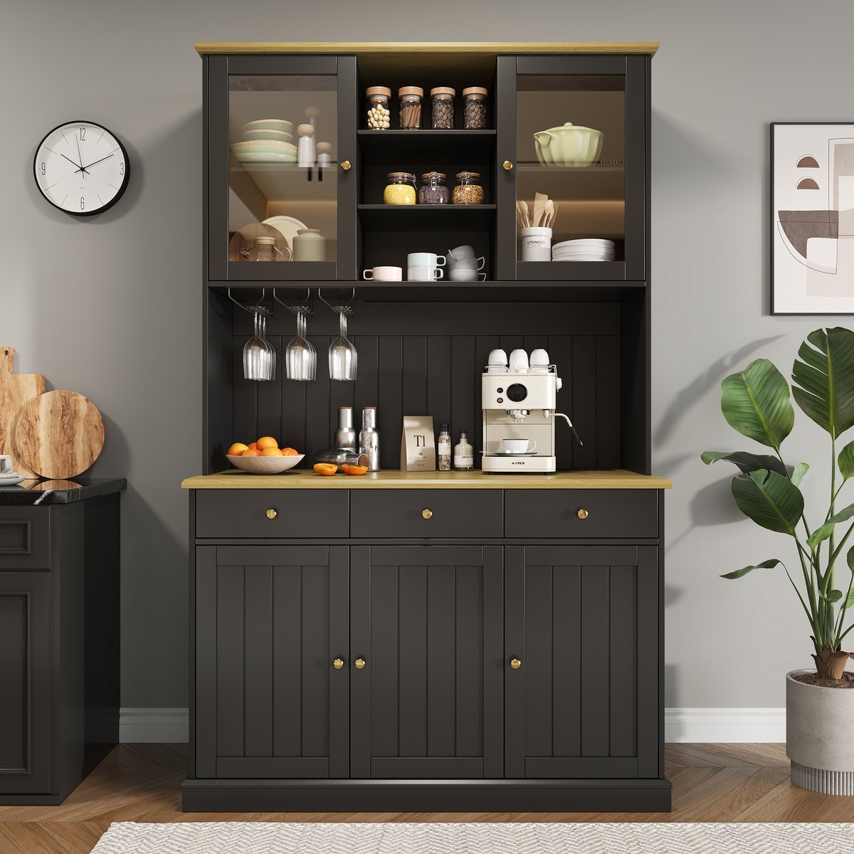 REDOM - Buffetschrank - Meertraps opbergruimte - Glazen deuren en glashouder - Geïntegreerde stopcontacten en USB-aansluitingen - Eetkamer - Spaanplaat - Zwart - 120 x 40 x 191 cm