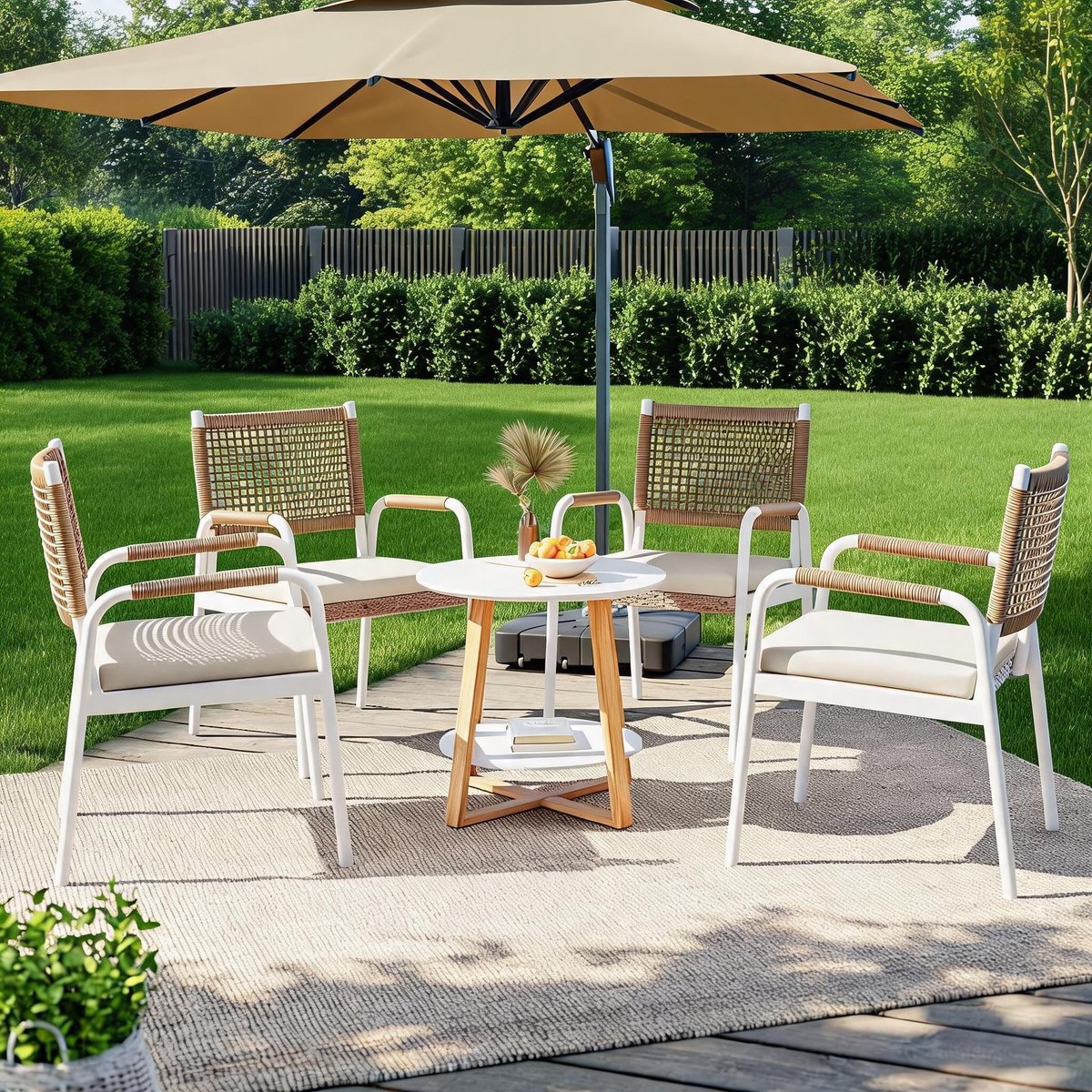 Triumpunpre Stapelbare Polyrattan Tuinstoelen 4-Delig Set - Met Armleuningen & Dikke Kussens - Weerbestendig, Ergonomisch, Metalen Frame - Voor Terras, Balkon En Tuin - Wit