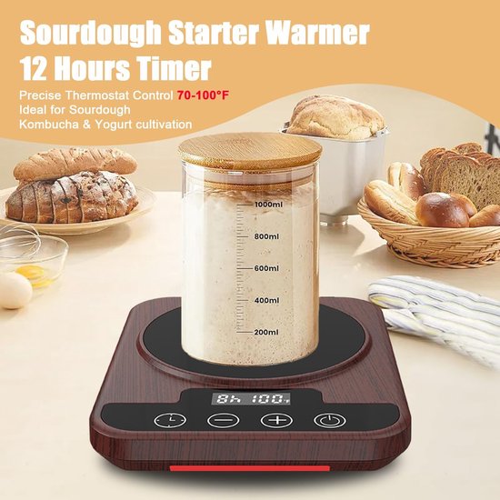 Fermentatieverwarmer - Verwarmingsmat voor Zuurdesemstarter - Nauwkeurige Temperatuurregeling - Zuurdesem - Thermostaat - Met 12-Uurs Timer - Nauwkeurige Thermostaatregeling (70-100°F) - Slimme Geheugenfunctie - Geschikt voor Potten Tot 40 Oz — afbeelding 2