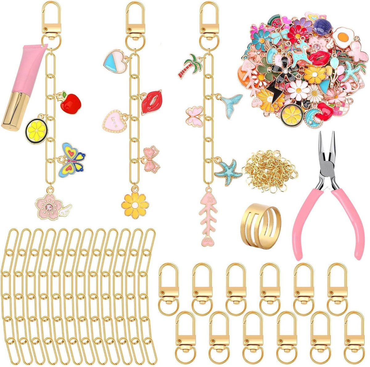 189-delige sleutelhangerset met strandthema - DIY-set - De set bevat zoals afgebeeld - Sleutelhangers met zomerthema - Mix en match naar hartenlust - Geschikt voor volwassenen en kinderen