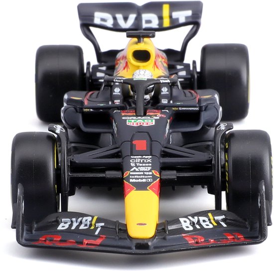 Vooraanzicht Red Bull Racing RB18 Formule 1 auto, donkerblauw met gele neus en rode details.