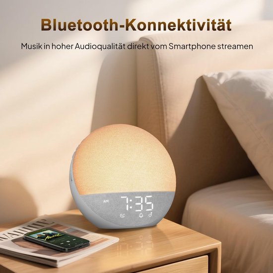 Wekker met Licht - Natuurlijk Wakker Worden - Rustig Ontwaken - Simuleert Zonsopgang - 18 x 18 cm - Wit — afbeelding 5