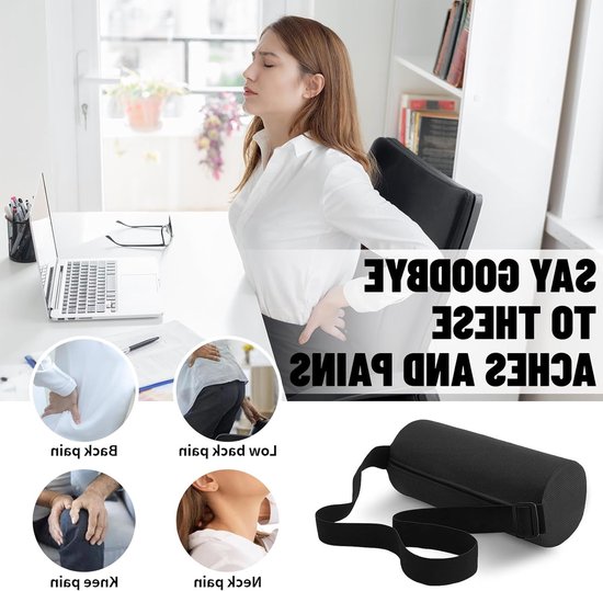 Ergonomisch Lendensteun Kussen voor Bureau- en Autostoelen, Ademend Rugkussen voor Optimale Wervelkolomondersteuning 32x12cm (Zwart) — afbeelding 4