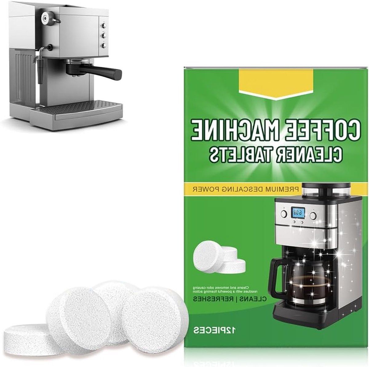 12-delige reinigingstabletten voor koffiezetapparaten, 3-in-1 voor ontkalking, onderhoud en reiniging van apparaten