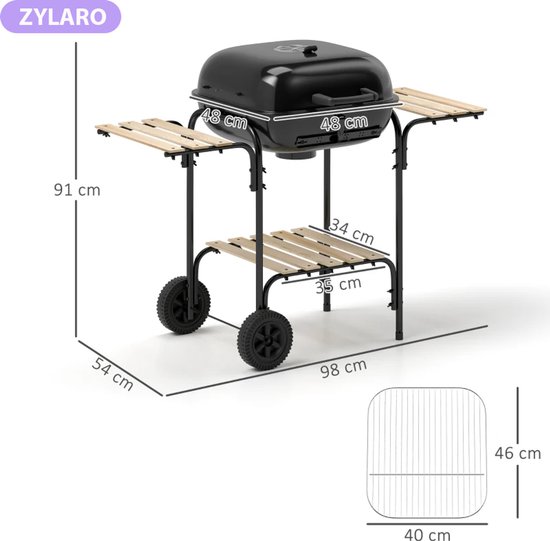 Premie Stalen Houtskool Barbecue - Smoker Barbecue - Houtskoolgrill - Grillwagen met Afsluitbaar Deksel, Wielen, Handvat, Houten Plank - BBQ voor Kamperen, Buiten, Tuin - 98 x 54 x 91 cm - Zwart van Merkloos — afbeelding 2