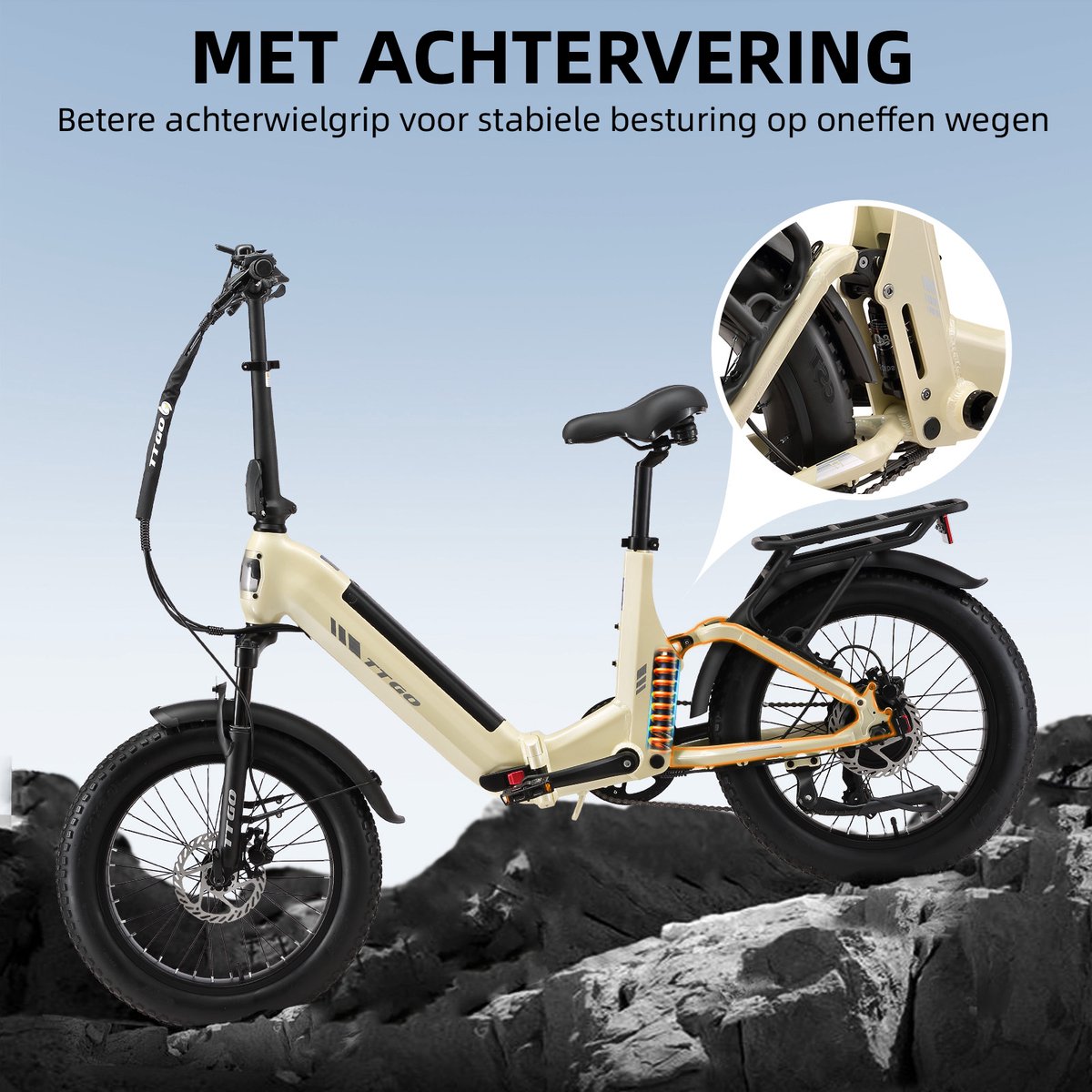 TTGO F7 Opvouwbare Elektrische Fiets – Aluminium Frame met Achtervering – 720Wh Lithium Accu – Actieradius tot 120 km – 20×3.0 inch Brede Banden – Hydraulische Schijfremmen – Achterwielmotor – Shimano 7 Versnellingen– Elektrische Stadsfiets– Parelwit thumbnail 4