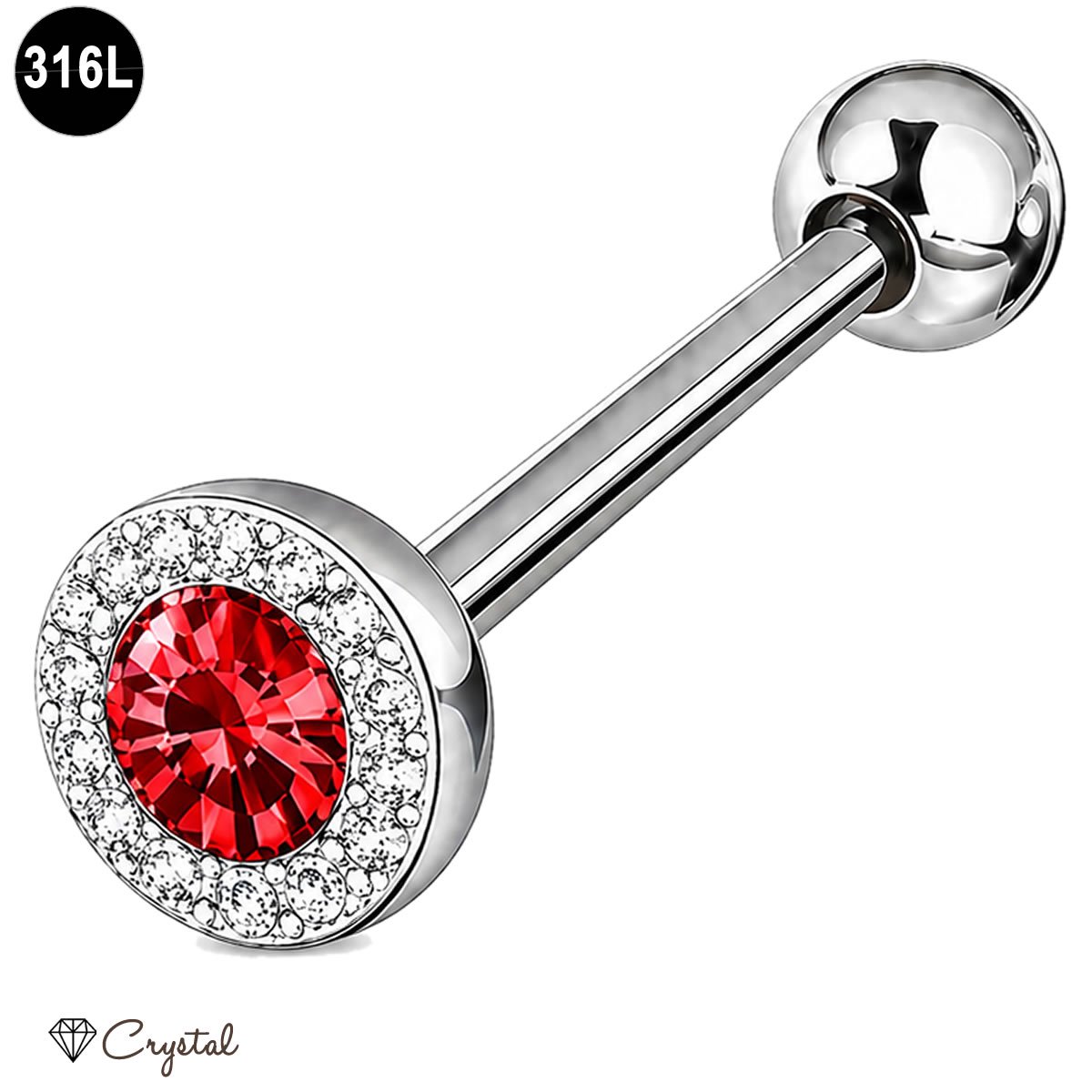 Tongpiercing - 316L Chirurgisch Staal - 1.6 x 16 mm -met Crystal Rood en Clear Steentjes