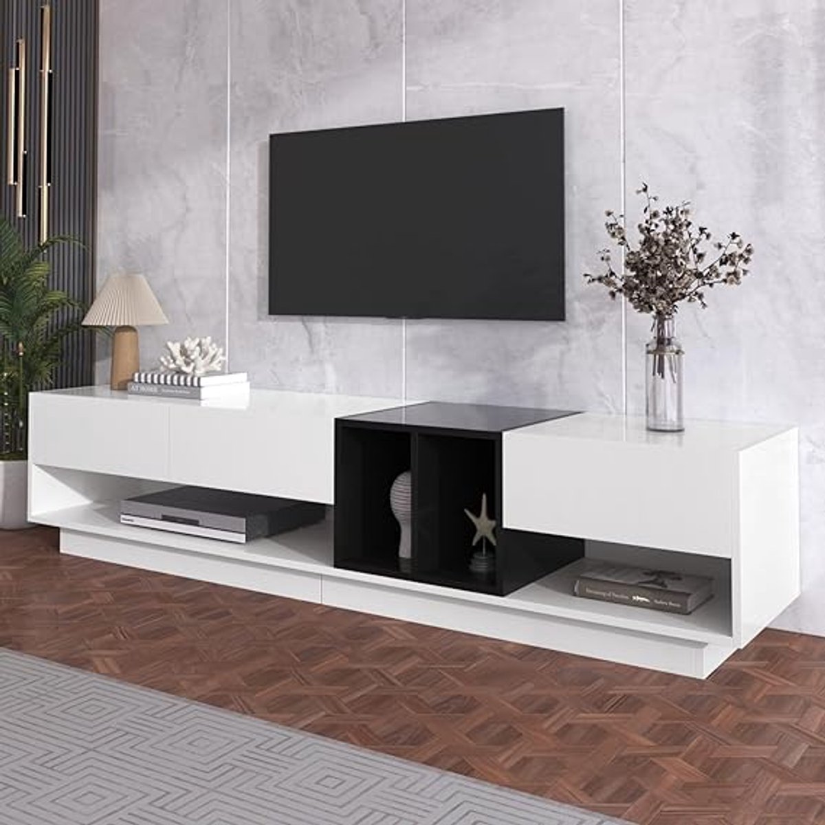 Moderne Hoogglans Witte TV Kast met Laden en Open Vakken 190 x 40 x 42 cm – TV Meubel, Dressoir en Multifunctionele Opbergkast voor Woonkamer en Slaapkamer