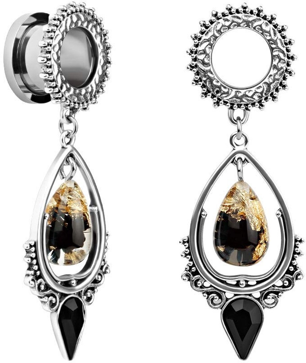 Byshayne - Teardrop Oorpiercings - Zwarte Obsidiaan - Grote Dangle Bridal Plug - Stretching Tapers - Rvs Metalen Tunnels - Geschikt voor Oorpierci
