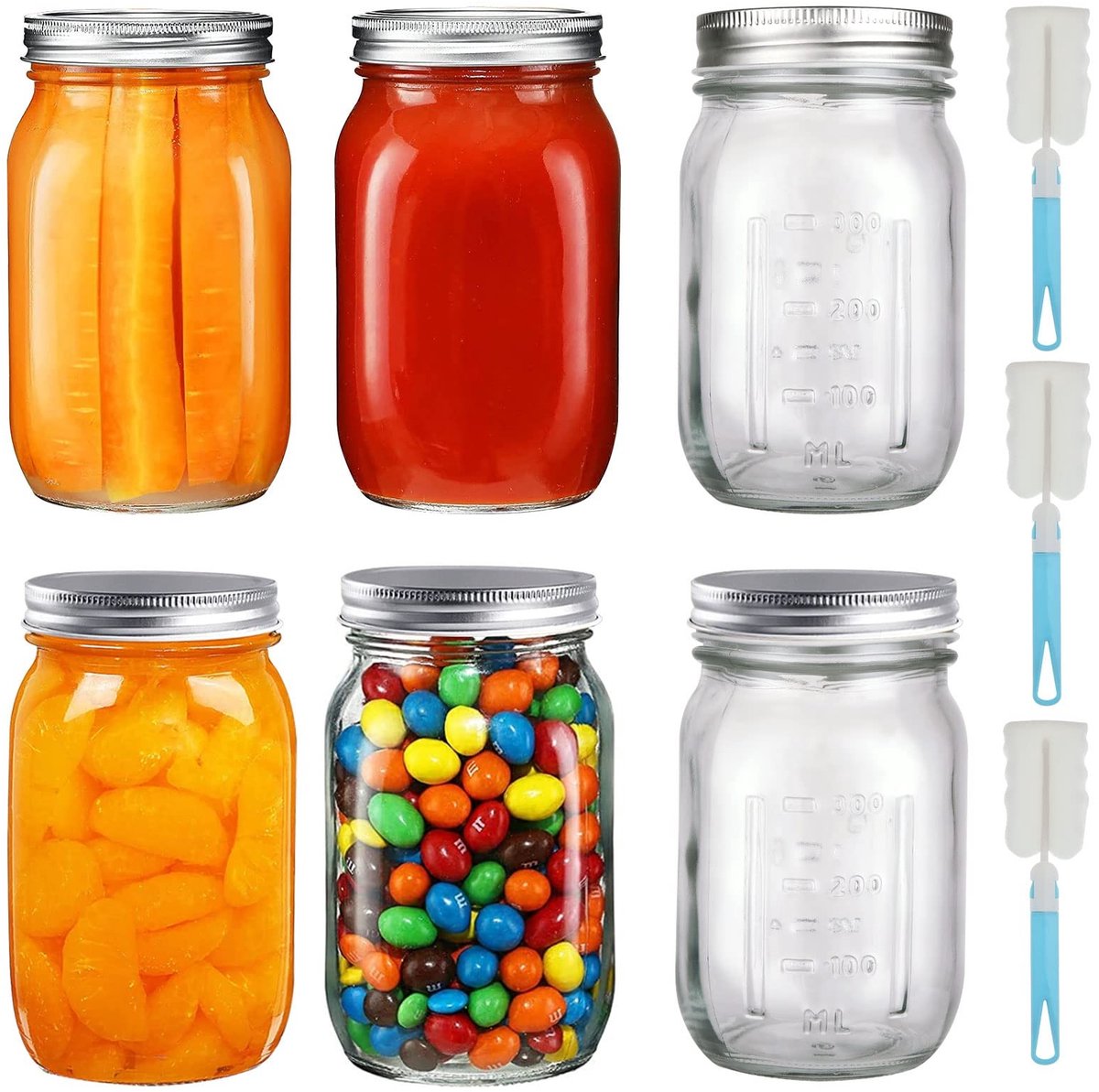 MTTProducts - Glazen Potten Set van 6 - Bewaren en conserveren - 500 ml - Inclusief Glazen Borstels - Ideaal voor Jam en Honing - Geschikt voor Voedsel...