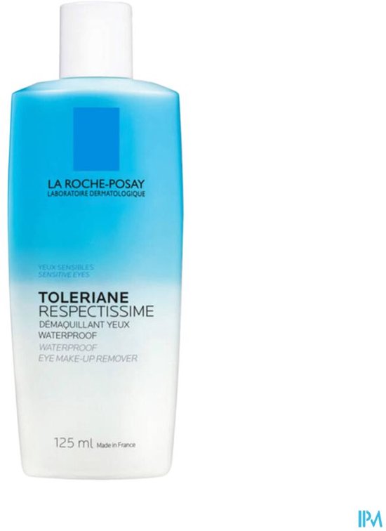 La Roche-Posay Toleriane Respectissime oogmake-up remover. Transparante, blauw-witte fles met blauw logo. Inhoud 125 ml.