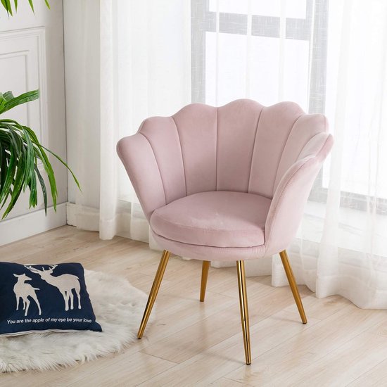 Chaise de salon de maquillage Aurora Velvet Shell 52x46x79 cm Rose clair – Chaise de coiffeuse en velours avec accoudoirs et pieds en métal doré – Chaise d'appoint au design moderne