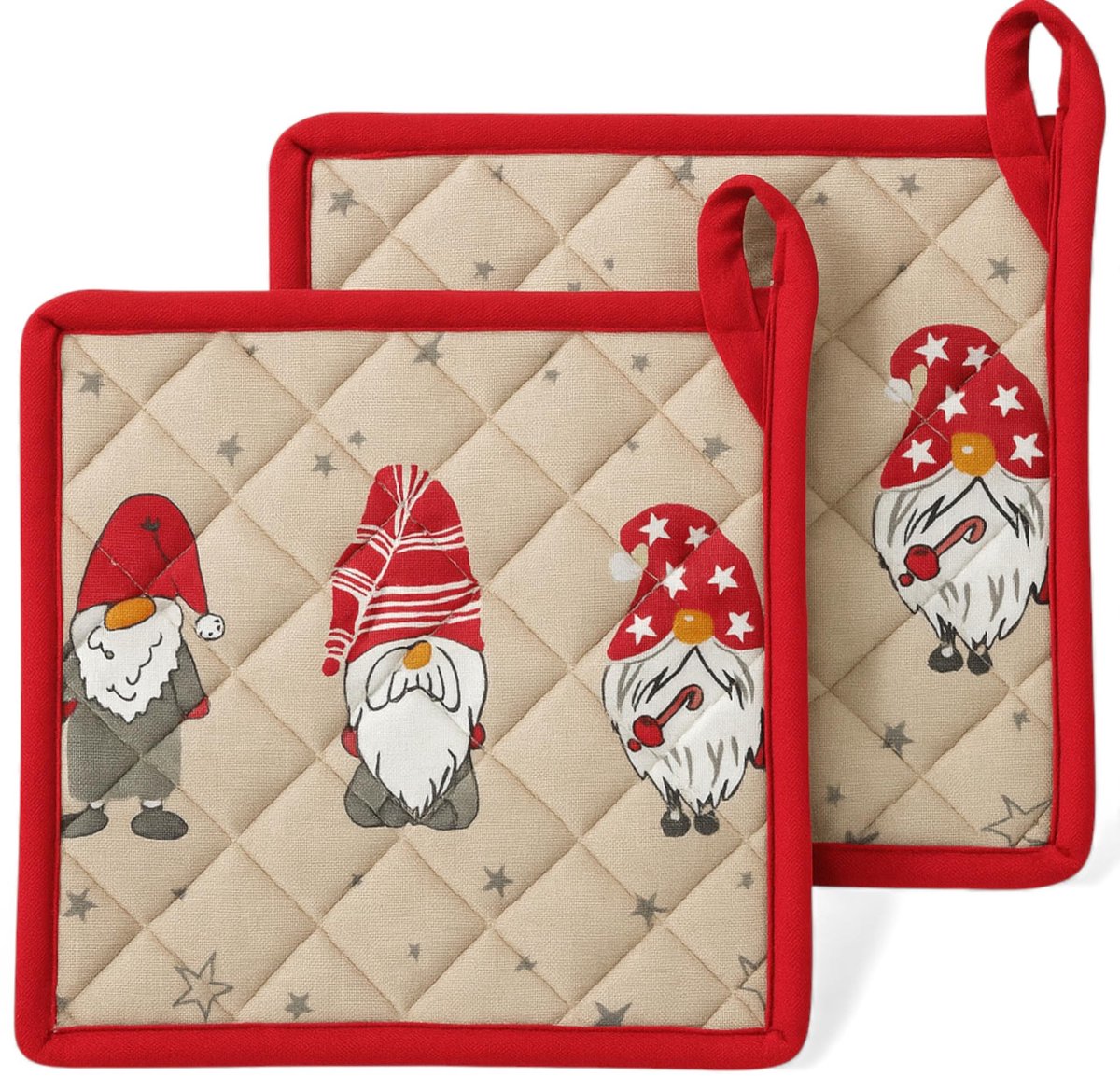 Allecto - Set van 2 Kerst Pothouders - Gnomes met Sterrenpatroon - 20 x 20 cm - Warm Beige Katoen - Decoratief voor Kerst - Ideaal voor Planten - T...