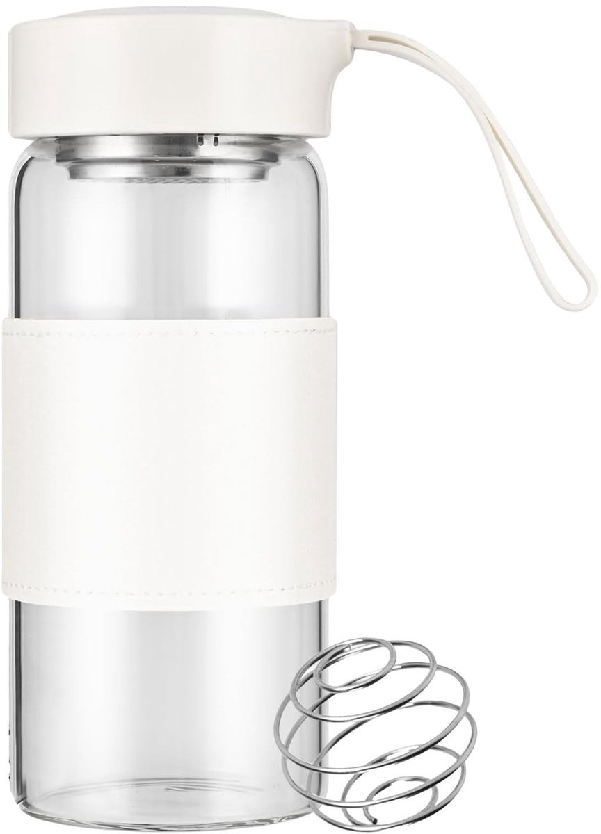 Allecto - Shaker Glass - BPA-vrij - Geurloos en lekvrij - 16oz - Met geïntegreerde zeef - 304SS mixbal - Geschikt voor fitness en eiwitshakes - Wit...