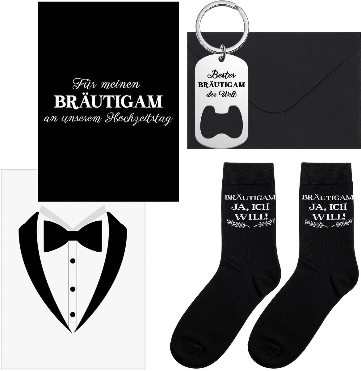 Allecto - Bruiloft - Trouwringen - Unieke cadeau set voor de bruidegom - Zwart - Groomsman gifts - Inclusief sokken en opener - Voor de bruid