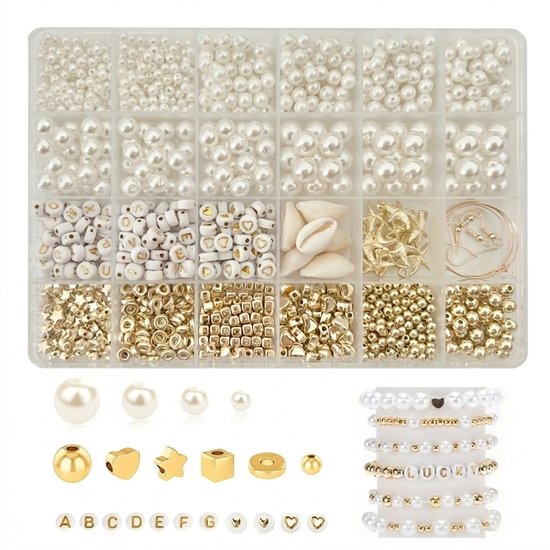 Witte en goudkleurige kralen set kralen beide sieraden maak kit met imitatie parels alfabet kralen schelpen en metalen spacer kralen in opbergdoos 1550 stuks voor armband oorbellen en DIY