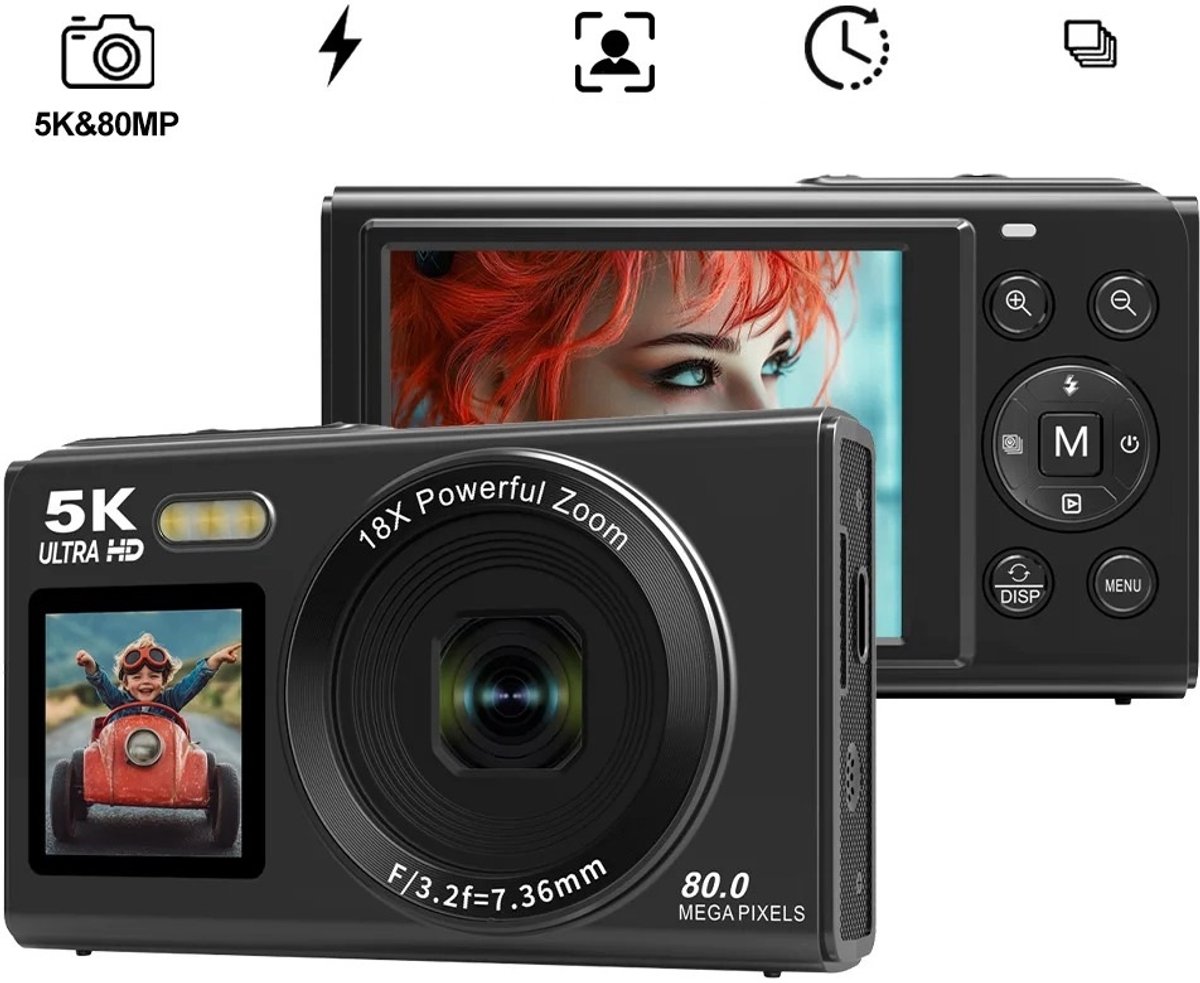 WiseGoods Premium Digitale Foto Camera 5K 80MP Met Dubbel Scherm - 18x Zoom Autofocus - Compacte Vlogcamera Voor Reizen - Zwart thumbnail 2