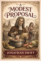 Boekomslag van "A Modest Proposal" van Jonathan Swift. Een man met een pruik bereidt een baby voor in een pan, omringd door groenten en een vrouw met een baby.
