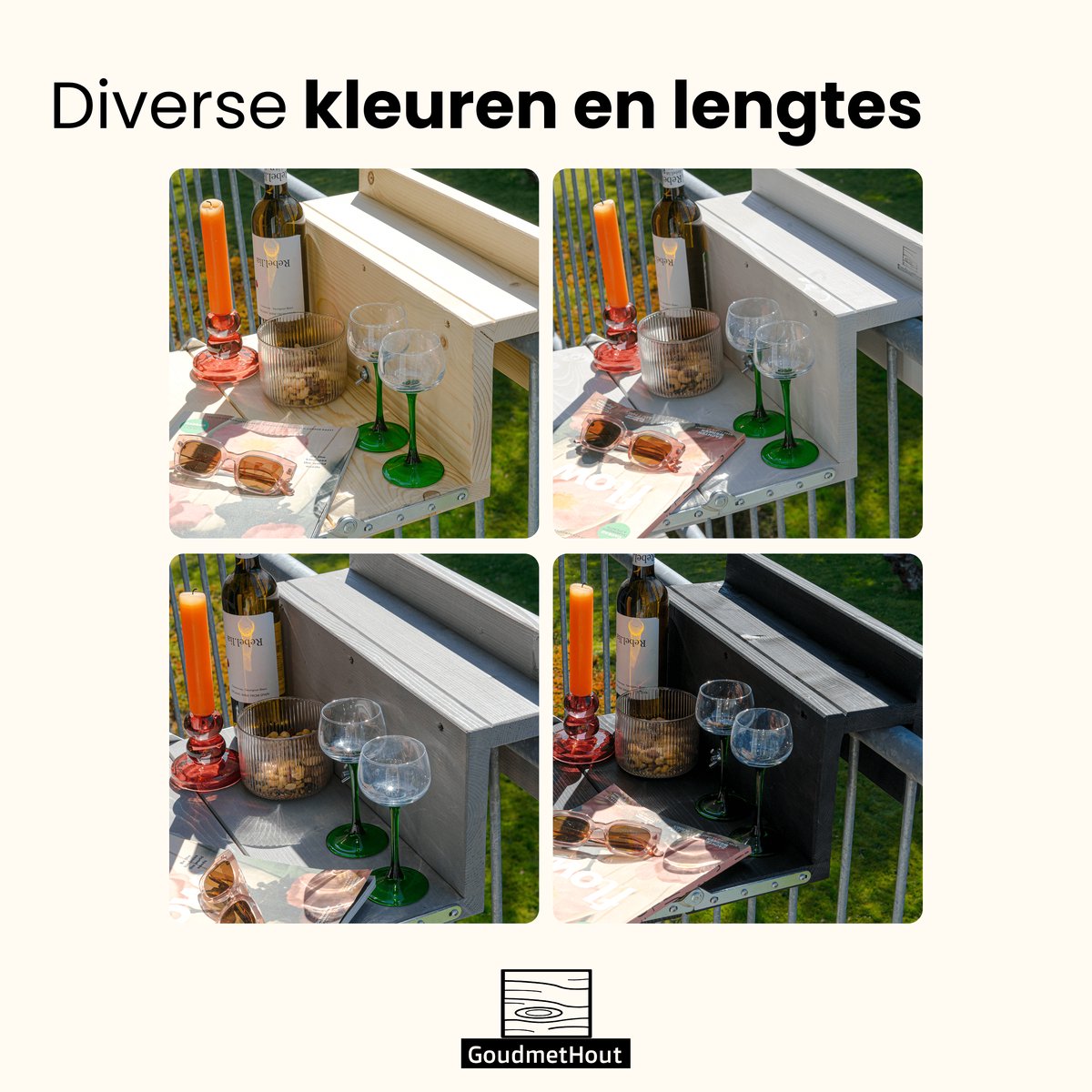 GoudmetHout® Balkontafel Hangend & Inklapbaar - 99 cm Hout - Inklapbare Balkonbar - Klap tafel Klein - Hangtafel Balkon Buiten - Relingdikte vanaf 9 t/m 14 cm - Bijzet tafeltje - Transparant Wash thumbnail 4