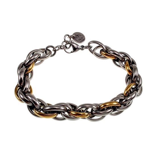 Zilverkleurige en gouden schakelarmband met een ovaal schakelpatroon. Een bedeltje met logo is bevestigd aan de verlengketting.