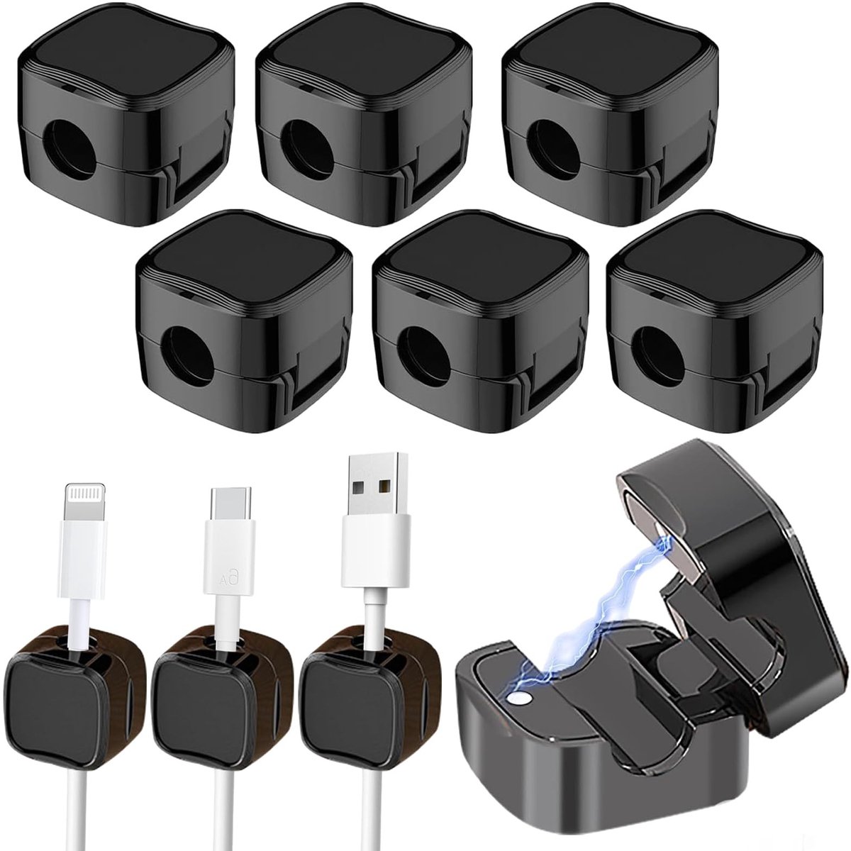 NTHProducts - Magnetic Cable Organizer - Kabelbeheer - Eenvoudig te installeren - Zwart - Desk Organizer - Geschikt voor kantoor en woonkamer - 6 stuks