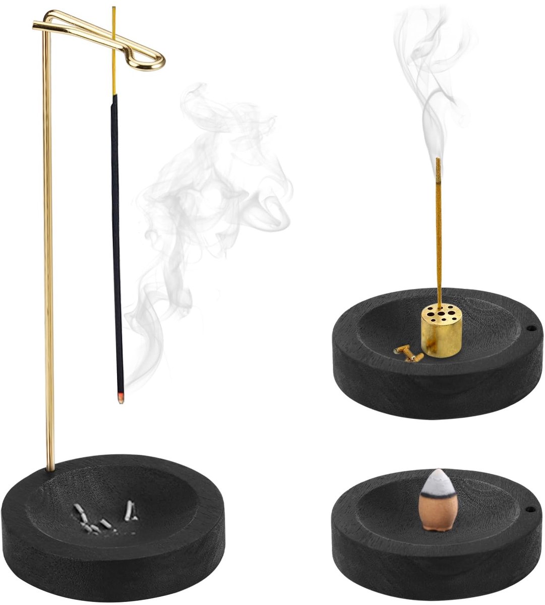 NTHProducts - 2-in-1 Incense Stick Holder - Houten Wierookhouder - Gemakkelijk te reinigen - Goud en zwart - Meditatie en yoga - 9-holes Wierookhouder ...