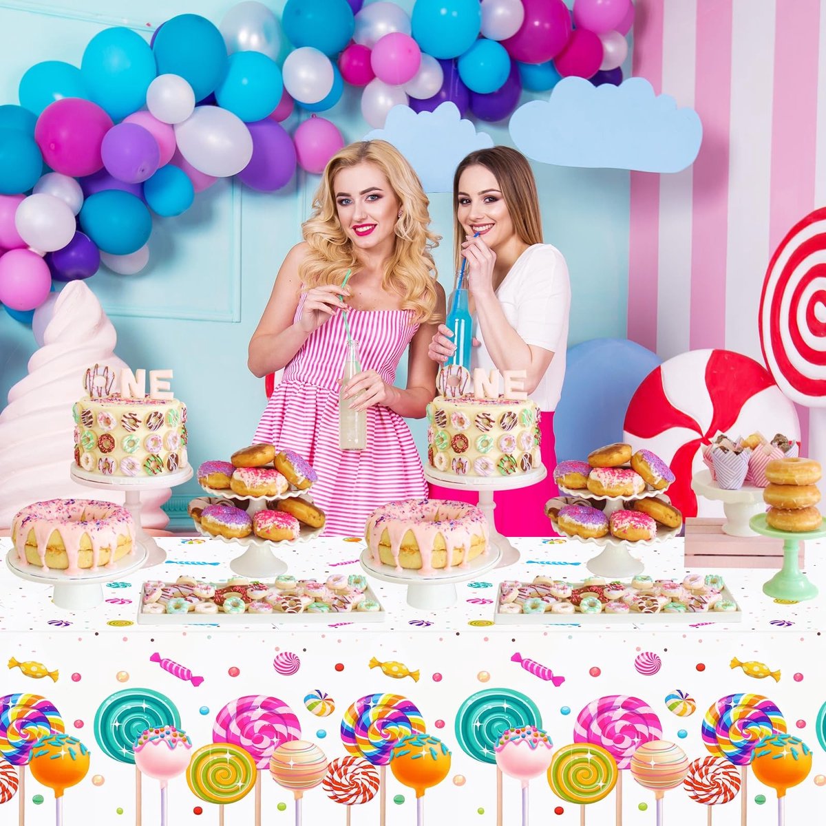 NTHProducts - Tafelkleed - Candyland - Perfect voor Feestjes - Kleurrijke Lollipops - Set van 3 Tafelkleedjes - Geschikt voor Meisjes Partijen - 87x51 ...