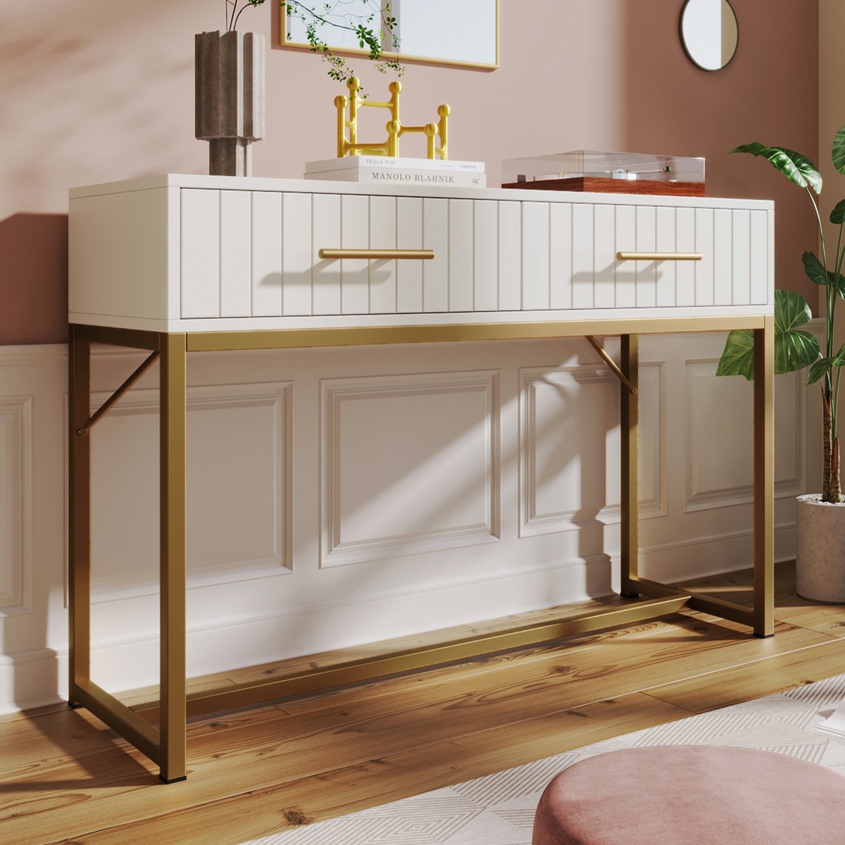FloraGrace Kaptafel Met 2 Geribbelde Lades - Ruimtebesparend Voor Slaapkamer - Spaanplaat En Metaal - Wit - 100x45x75 Cm