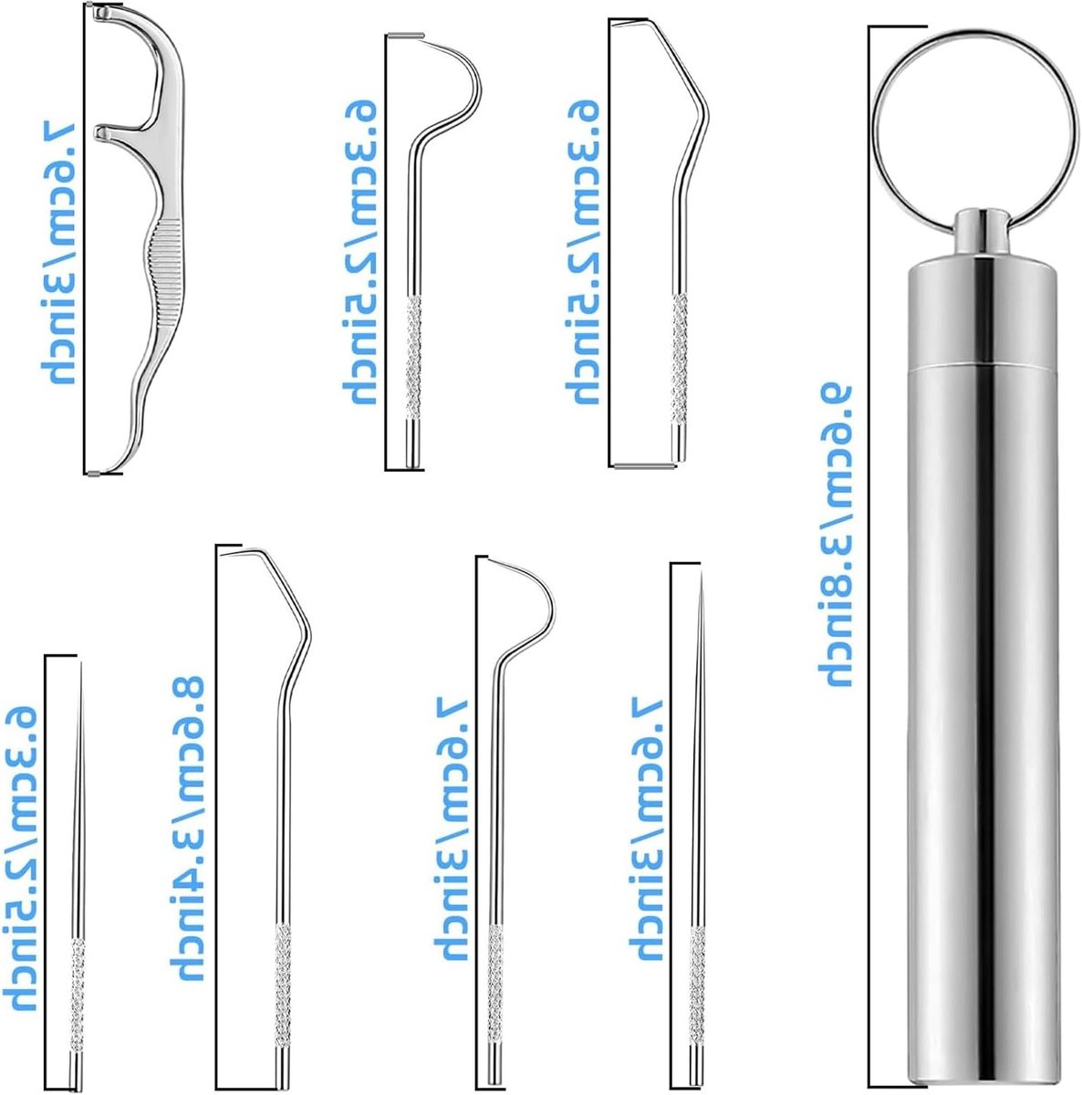 Set van 7 RVS Tandenstokers, Herbruikbare Titanium Tandenstokers, Ideaal voor Kamperen en Picknicken, Inclusief Houder en Fruitvork