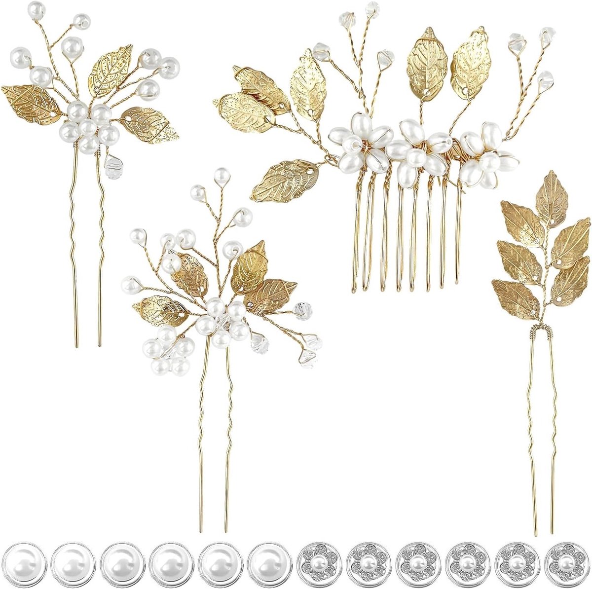 Haaraccessoires voor Bruidskapsels, Haarclips en Pareltwistclips, Bloemhaarstukken voor Bruid en Bruidsmeisjes, 16 Stuks (Zilver & Goud)