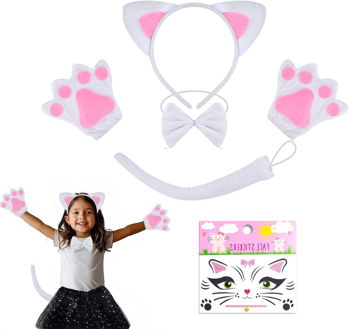 Witte en Roze Kat Kostuum Set met Oren, Strik, Handschoenen, Staart en Gezichts Sticker voor Carnaval en Halloween Feestjes