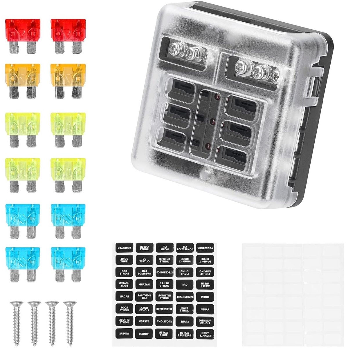 6 Way Fuse Box 12 V with 12 LED Fuses Protective Cover Positive and Negative Connections for Car, Car, Boat, Marine - ShopVlot