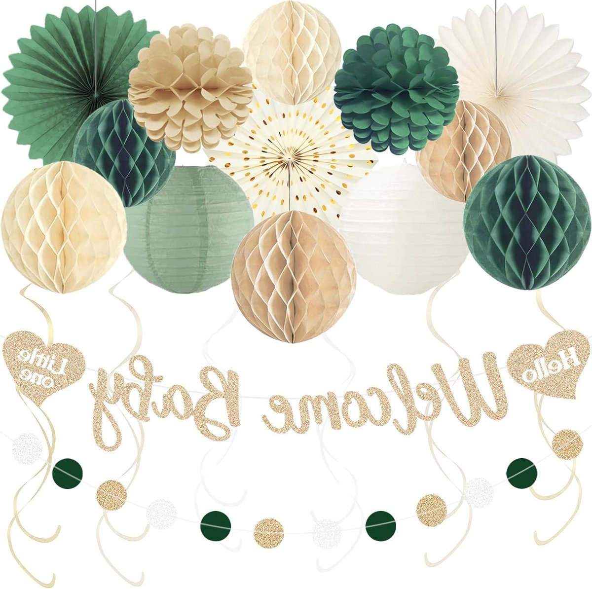 Babyparty Decoraties in Salbeigroen voor Jongens met Wabenbollen, Papierbloemen en Laternen
