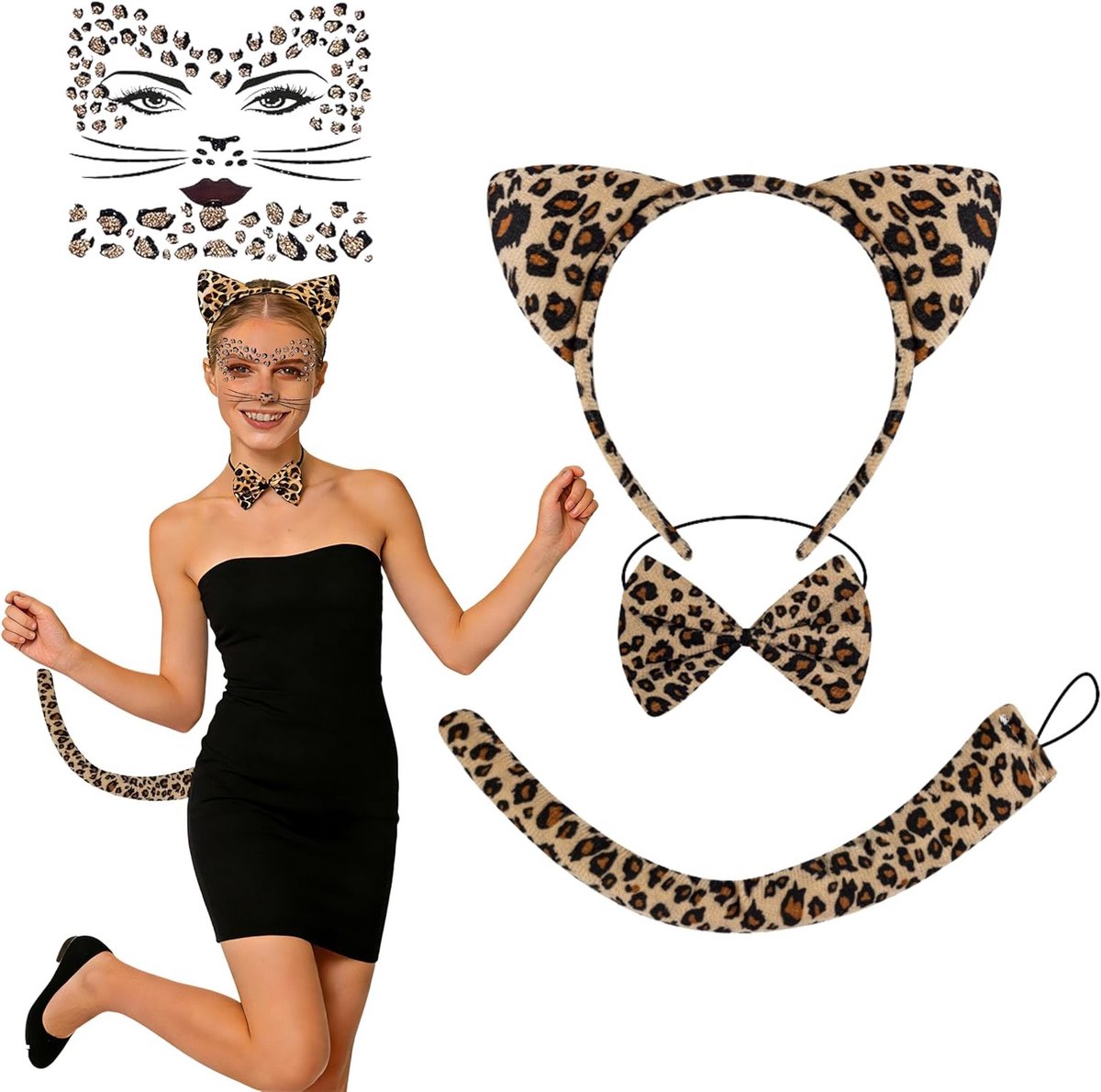 Leopard Kostuum voor Dames en Kinderen met Oren, Staart en Strik - Perfect voor Carnaval en Cosplay Accessoires