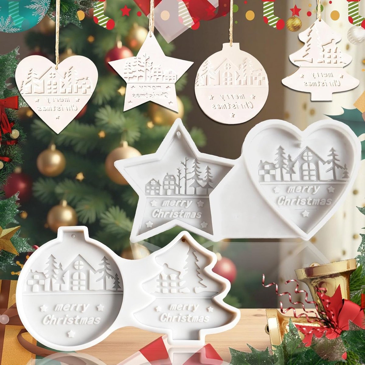 2 Stuks Silicone Mallen voor Kerstboom, Ster, Hart en Bel - Herbruikbare Gietmallen voor Hangers en Decoraties, Perfect voor Kerstversiering en Ambachten