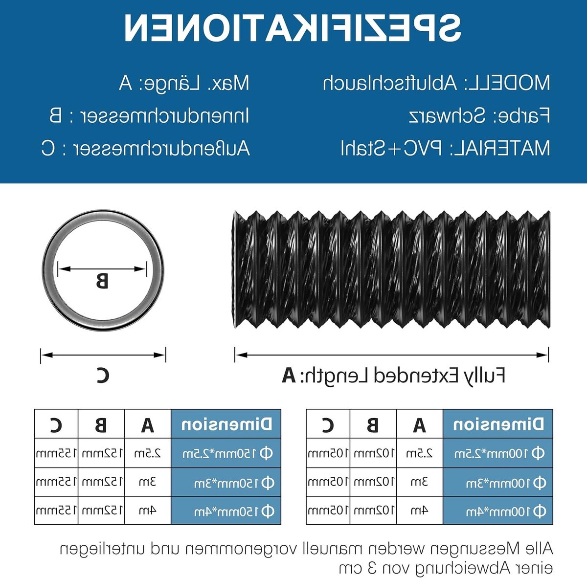 Flexibele PVC afvoerslang Ø 150 mm, 2,5 m lang, voor airconditioning en wasdroger, zwart