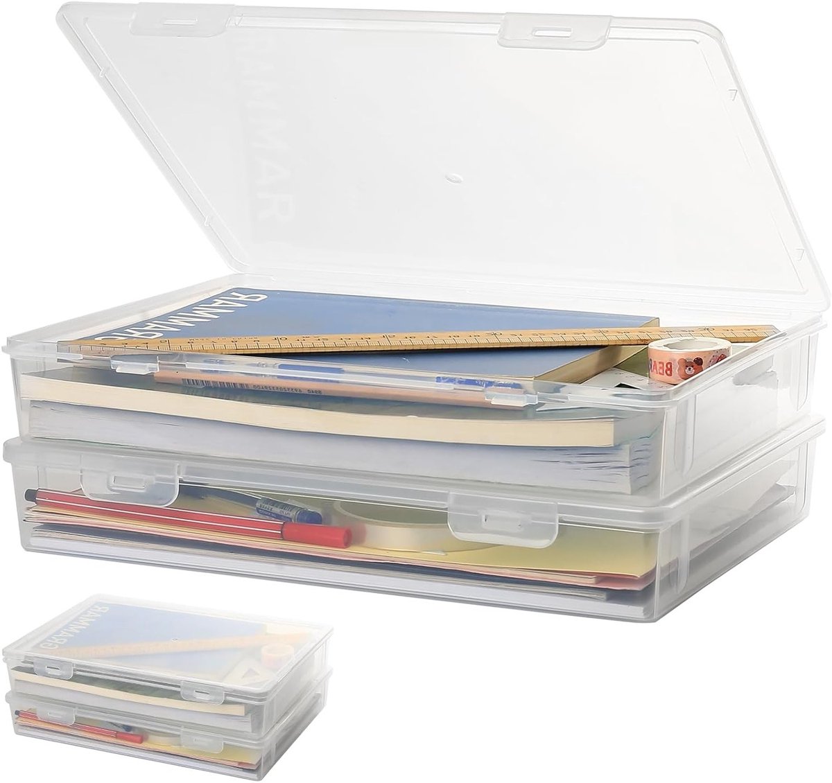 Multifunctionele A4 Opbergdozen, Set van 2, Transparant en Stapelbaar voor Documenten en Knutselmaterialen (31 x 22 x 5 cm)