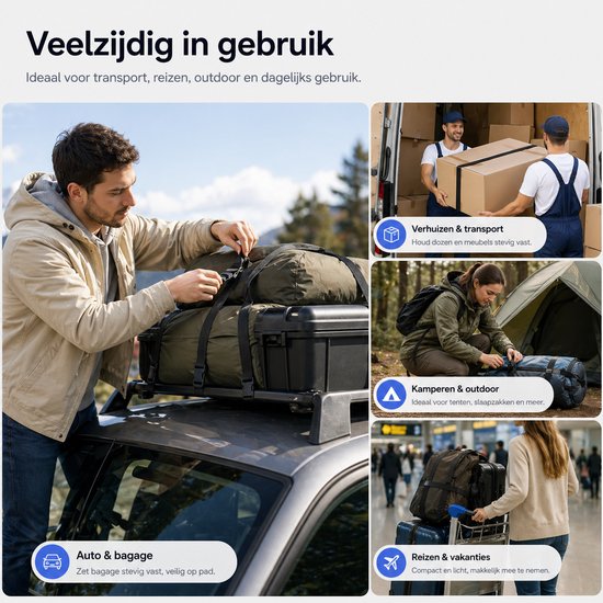 Collage van mensen die spanbanden gebruiken voor verhuizen & transport, kamperen & outdoor, reizen & vakanties.