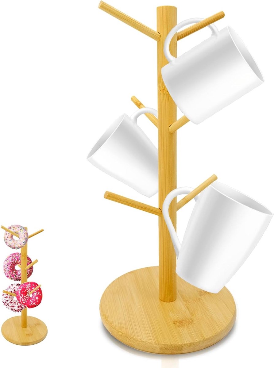 Houten Mokkenhouder met 6 Haken, Ideaal voor Koffiekopjes, Keuken Organizer en Counter Decoratie
