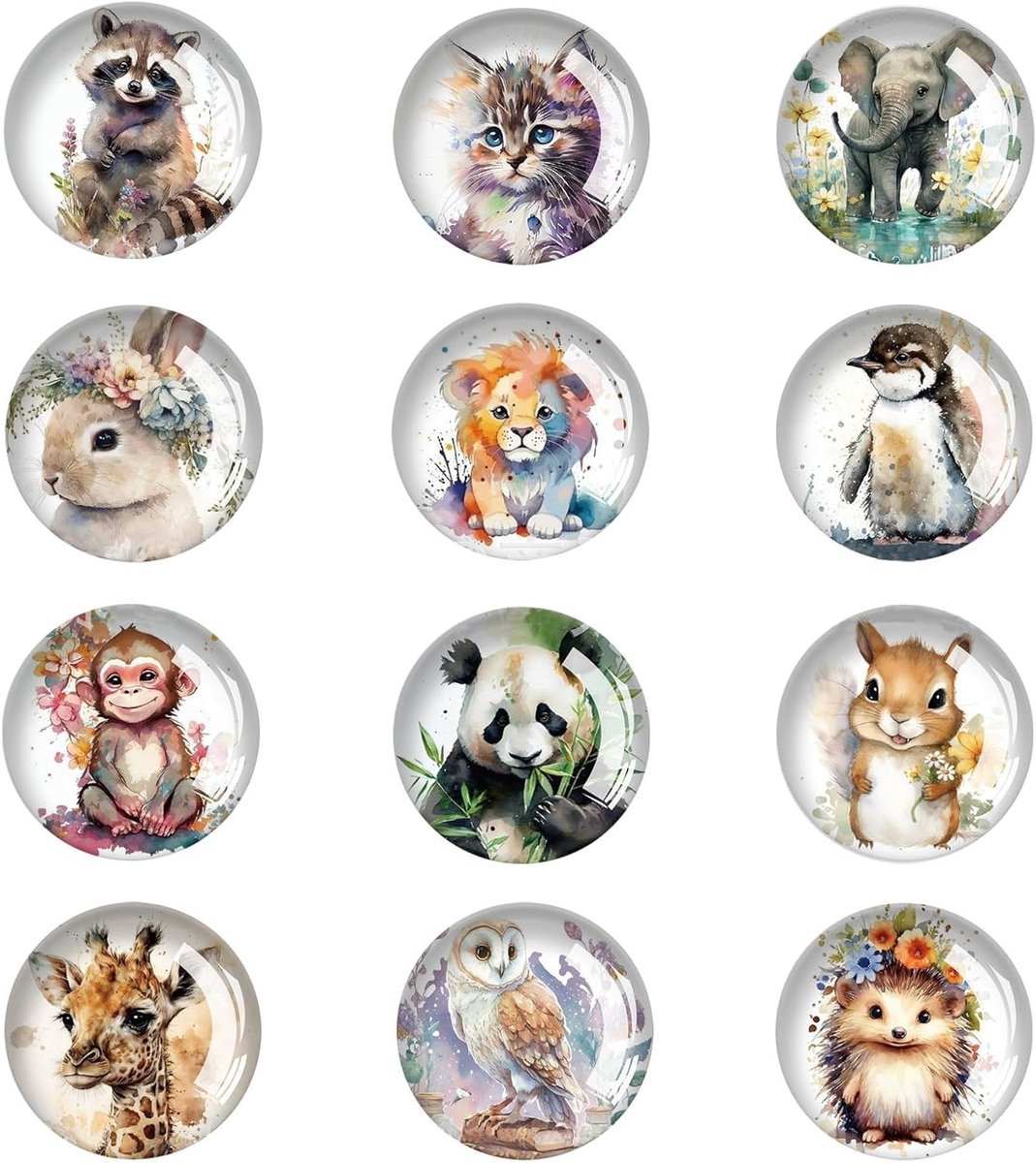 Set van 12 Dieren Design Koelkastmagneten, Glazen Magneten, Waterverf Ontwerpen voor Decoratie en Organisatie, 3 cm, Ronde Magneten voor Koelkast en Whiteboard