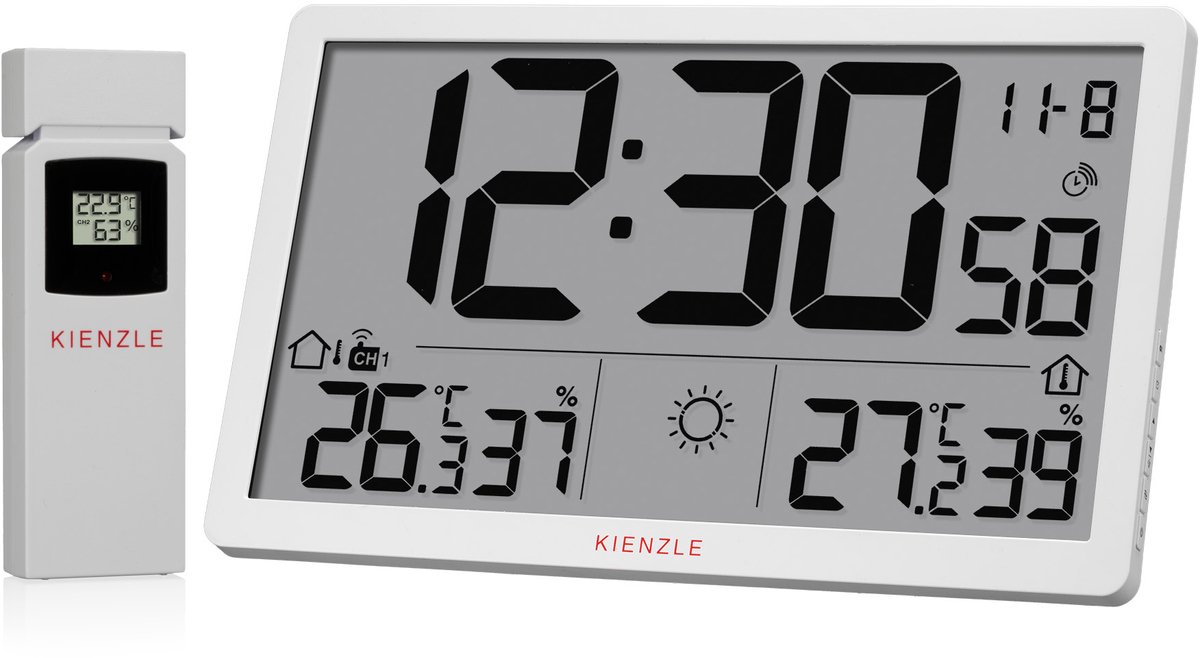 KIENZLE Jumbo NEO LCD - Wandklok met Weerstation - Wit - Radiografisch