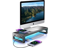 Aluminium Monitor Stand Riser met Draadloos Opladen en Dataoverdracht, Geschikt voor Tot 32 Inch Computer en Laptop - Zwart